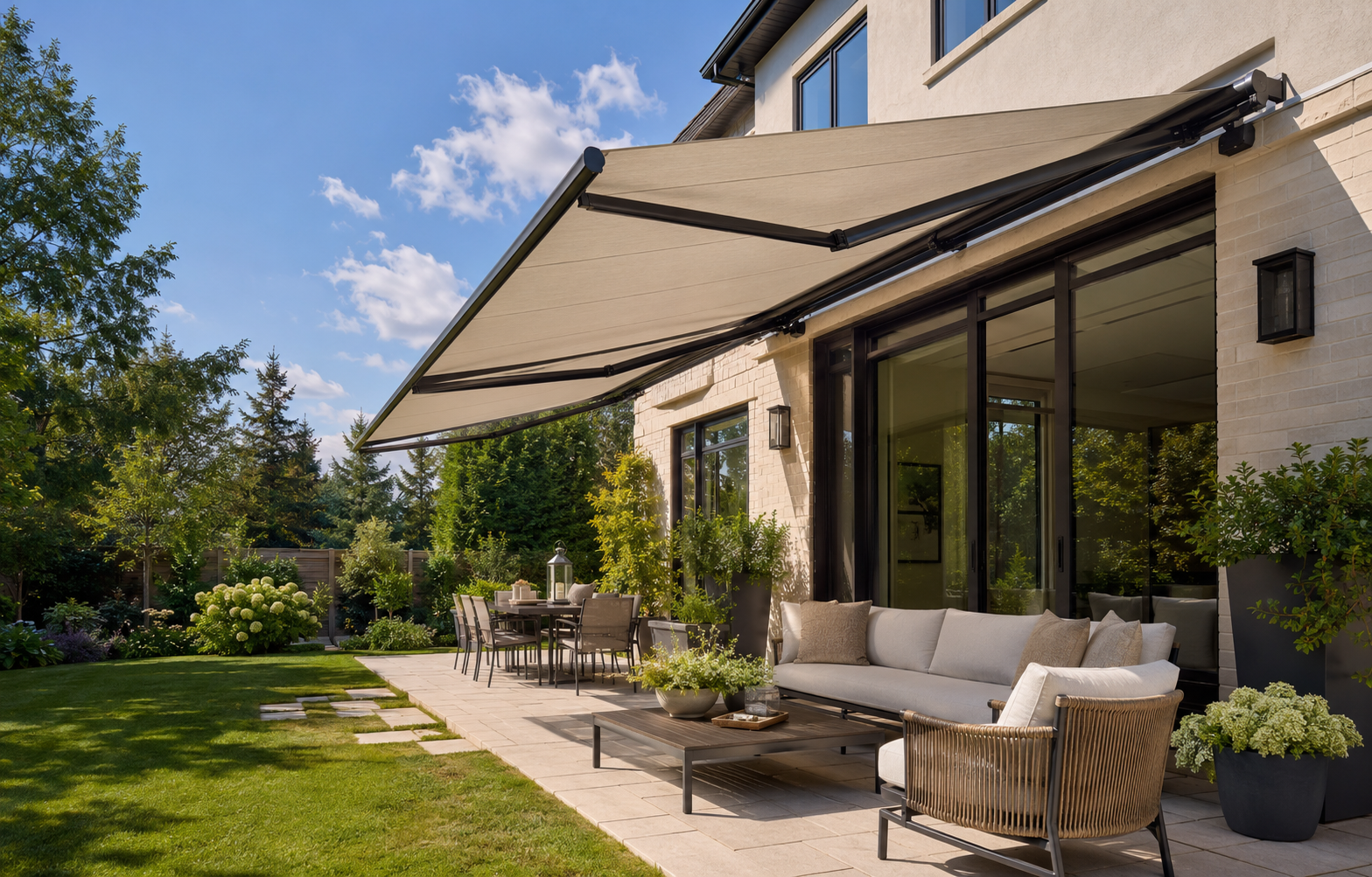 Beige retractable awning shading a bright backyard patio